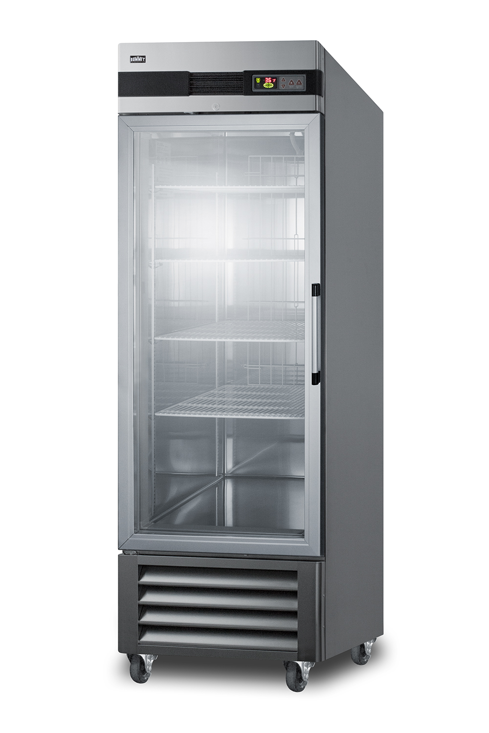 23 cu.ft. commercial reach-in refrigerator in complete stainless steel with glass door and left hand door swing